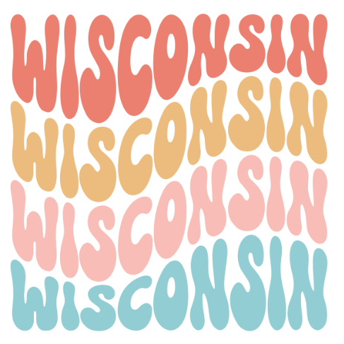 The word wisconsin is written in different colors on a white background.