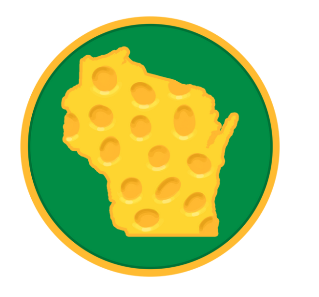 A green circle with a map of wisconsin on it