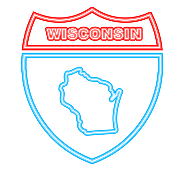 A neon sign for wisconsin with a map of the state