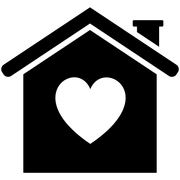 A black and white silhouette of a house with a heart in the window.