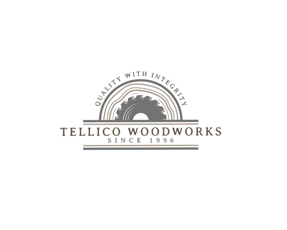 Tellico Woodworks logo with a saw blade design and the tagline 