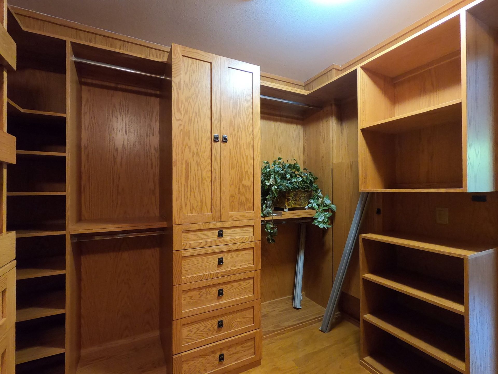 Walk-in closet with custom oak shelving, drawers, and hanging rods. Includes a cabinet and a shelf with a plant.