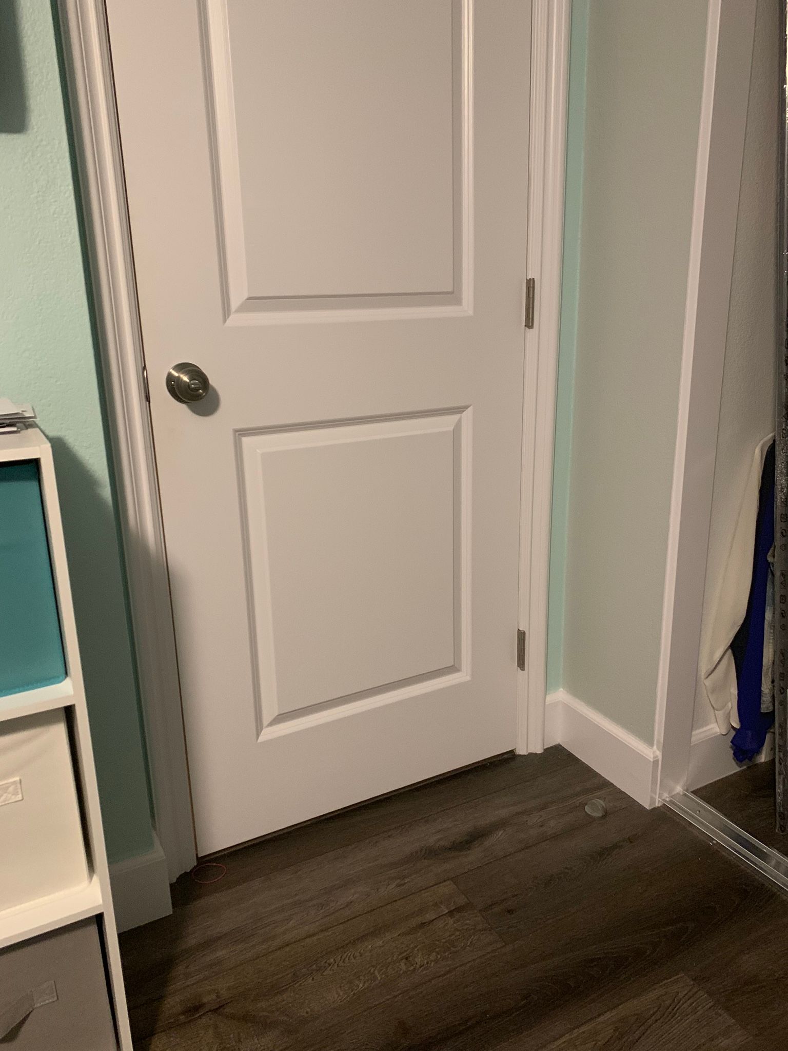White door with silver doorknob set in a light blue room with dark wood flooring.