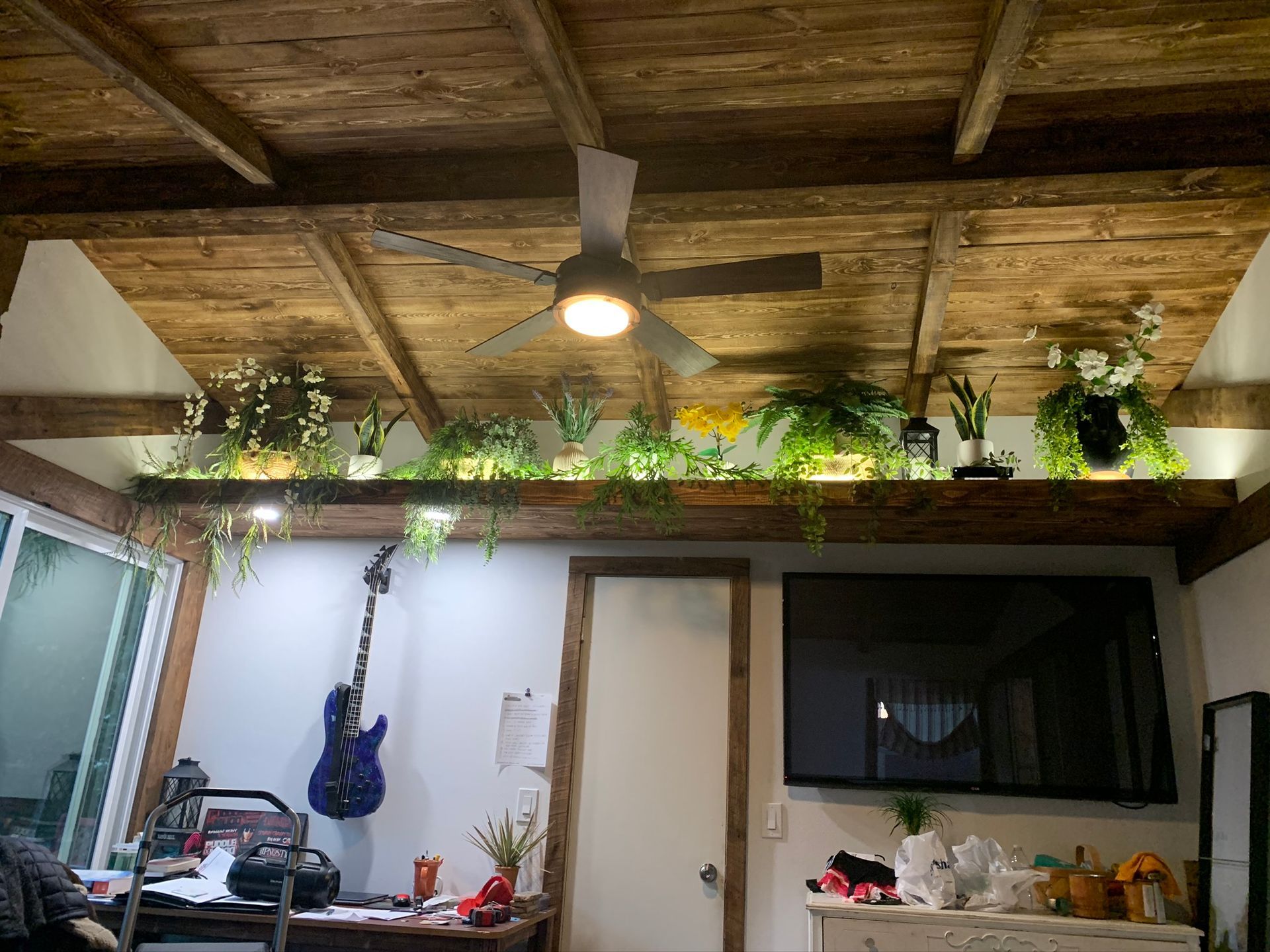 Wooden ceiling with plants and lights above a shelf holding more plants, TV, guitar.