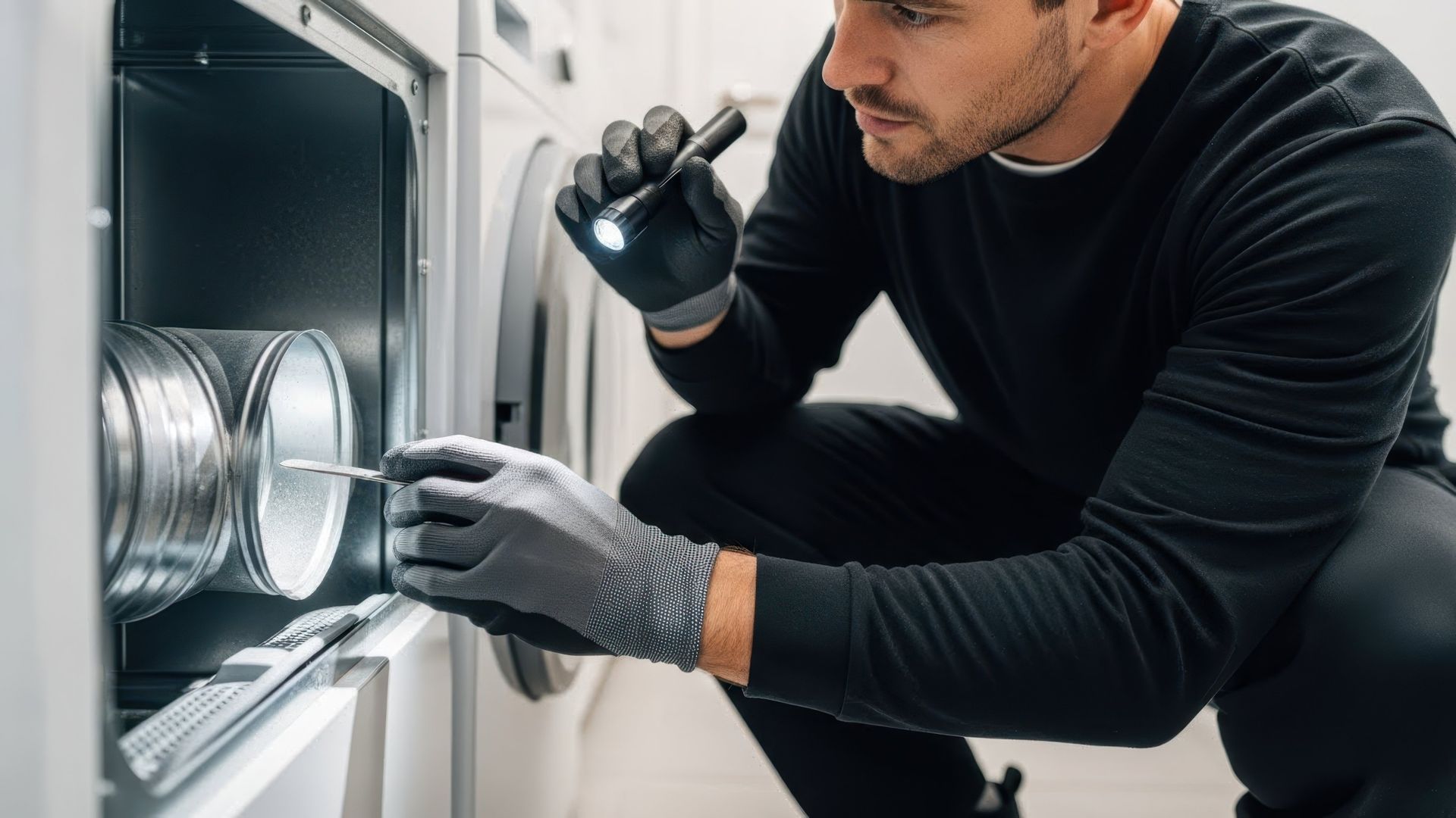 Technician inspecting a metal appliance with a flashlight and gloved hands inside a bright utility room