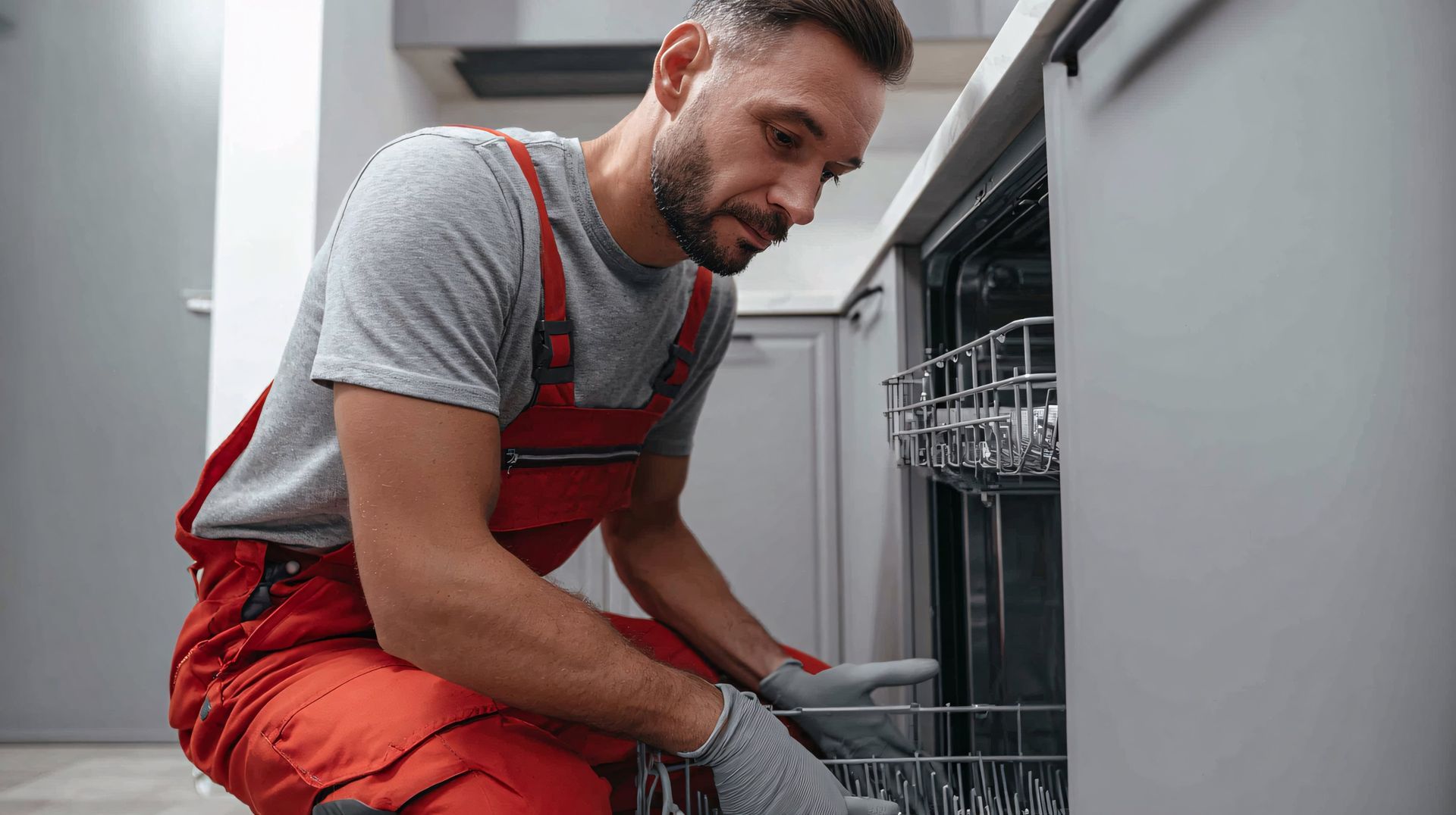 Person in red work overalls loading a dishwasher in a modern kitchen