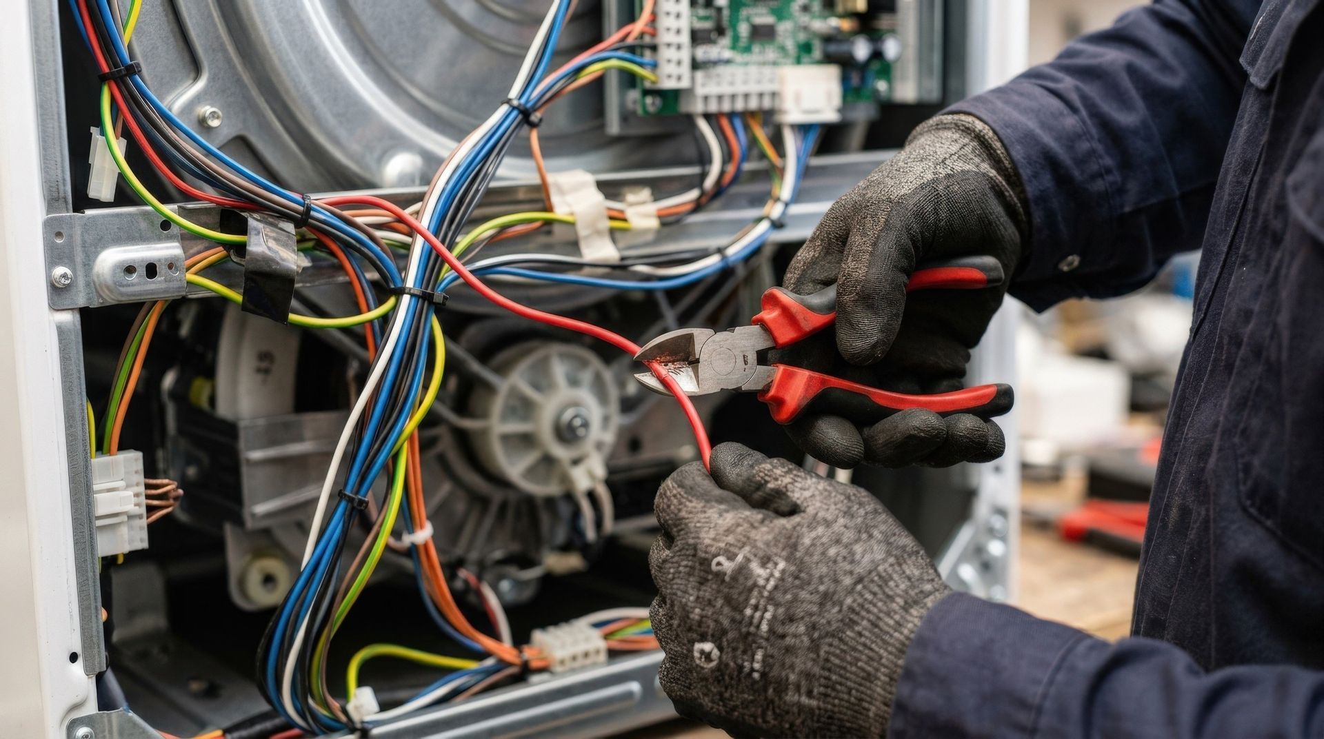 Technician wiring a machine with red-handled pliers inside an industrial equipment panel
