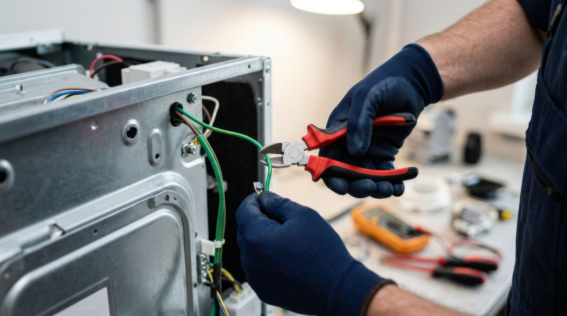 Technician using pliers to repair wiring inside an open appliance.