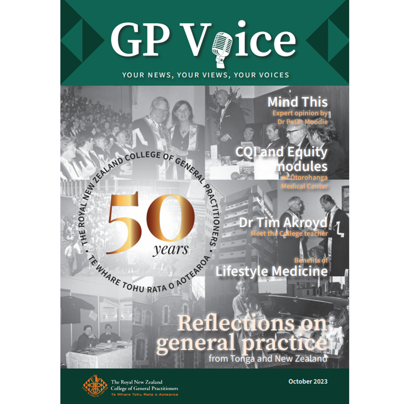 Cover of the GP Voice magazine, featuring photos, text, and the Royal New Zealand College of General Practitioners logo.