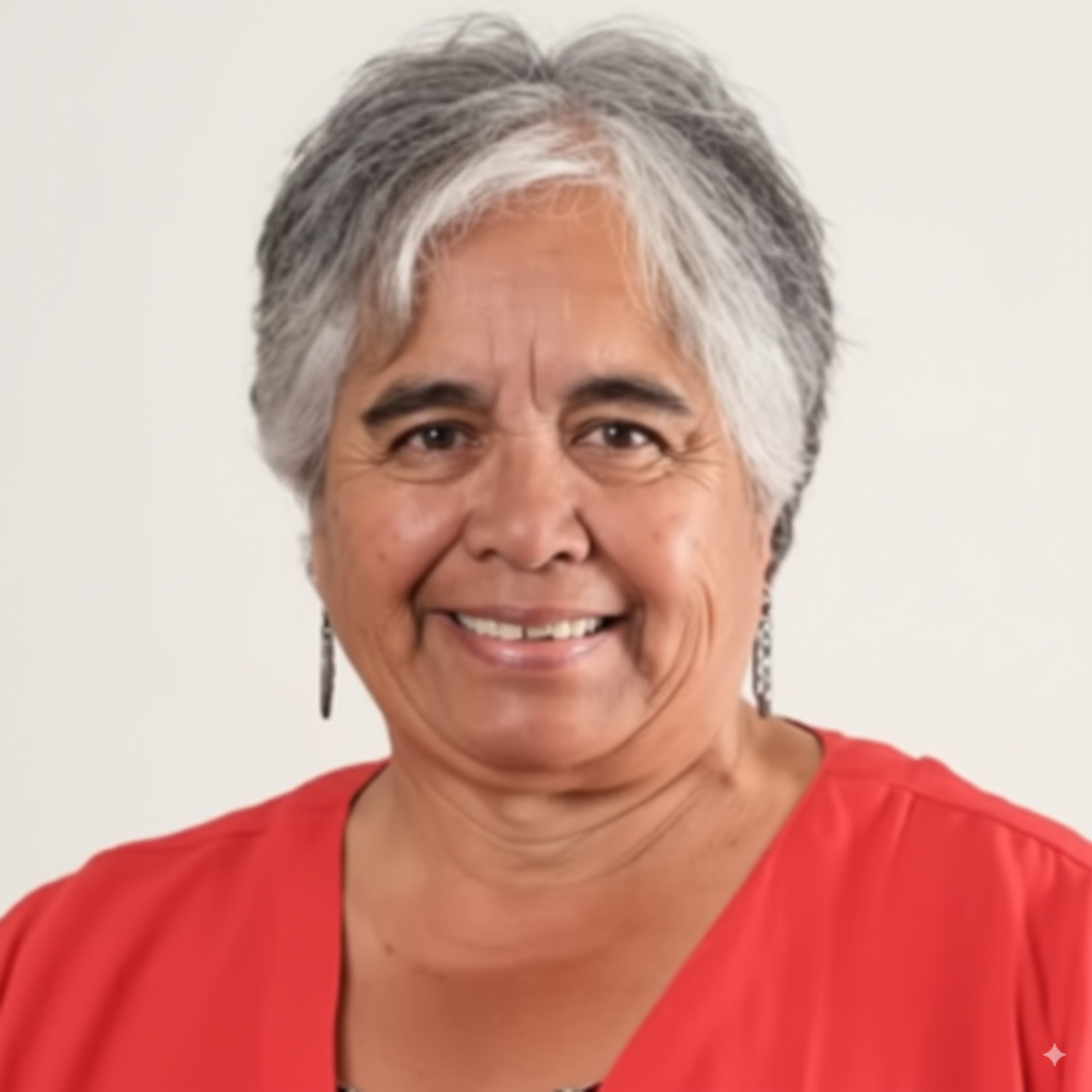 Woman with gray hair and red top smiling at the camera.