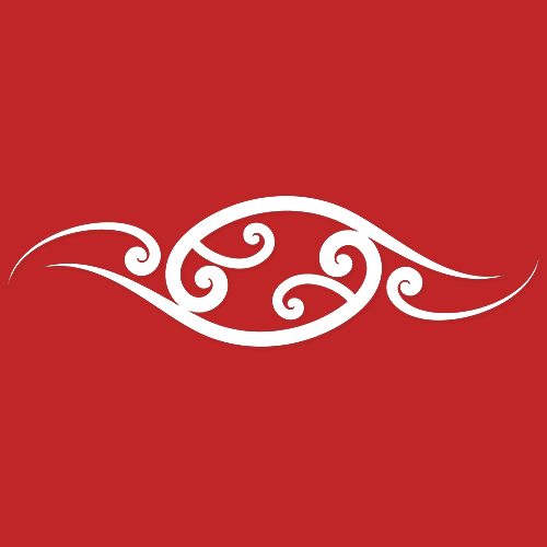 White ornate design on a red background, resembling a stylized eye or cloud.