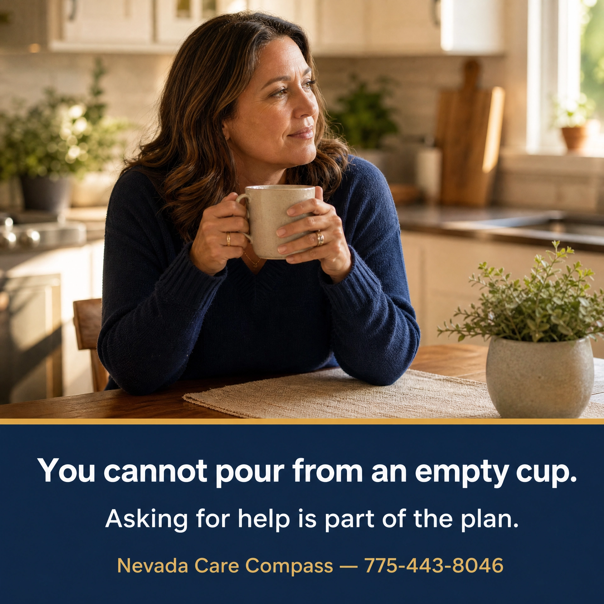 Woman in a blue sweater holding a mug at a kitchen table beside text: “You cannot pour from an empty cup.”