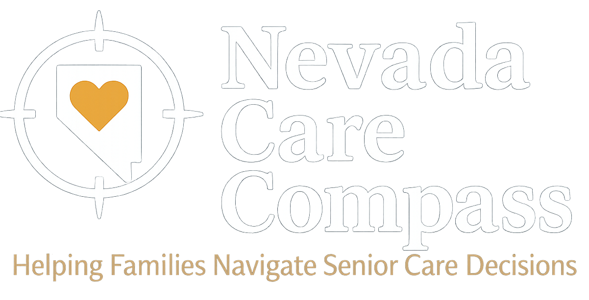 Nevada Care Compass logo with gold heart and compass icon, tagline: “Helping Families Navigate Senior Care Decisions”