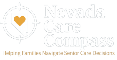 Nevada Care Compass logo with gold heart and compass icon, tagline: “Helping Families Navigate Senior Care Decisions”