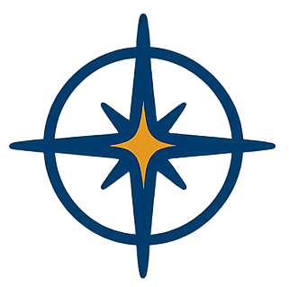 Blue compass-like star logo with an orange center inside a blue circle