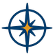 Blue compass-like star logo with an orange center inside a blue circle