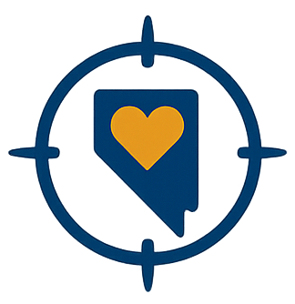 Blue target circle with a speech bubble and yellow heart in the center