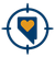Blue target circle with a speech bubble and yellow heart in the center