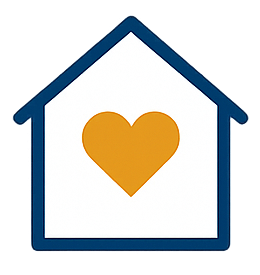 Blue outlined house with an orange heart in the center