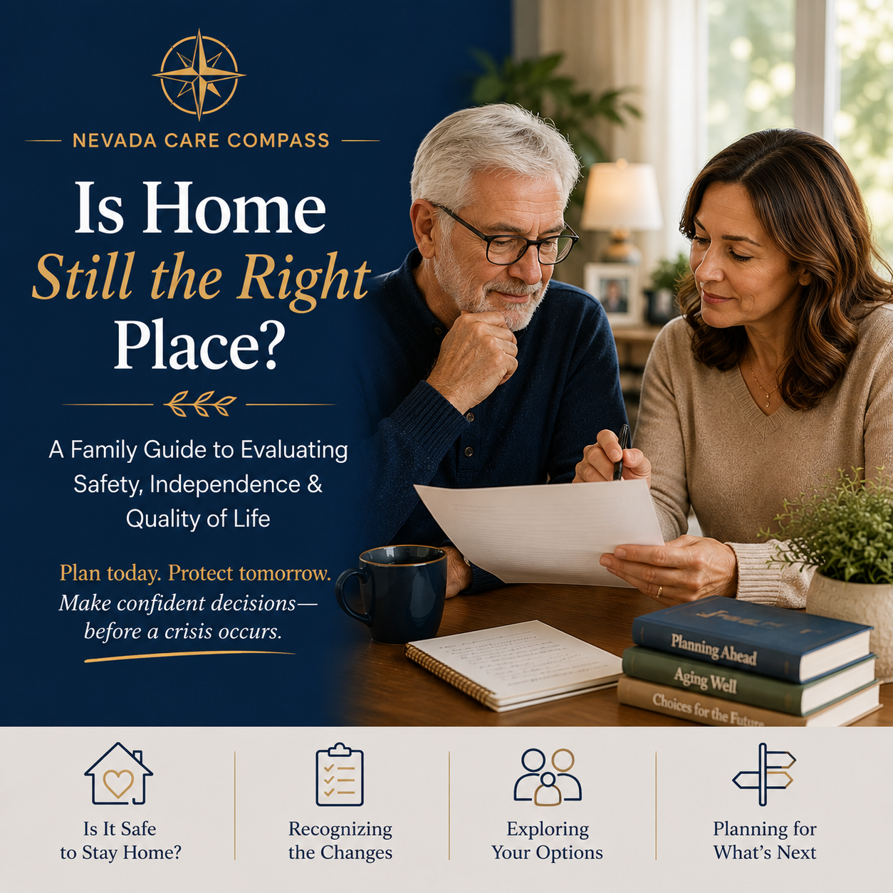 Two adults reviewing papers at a table with a care brochure, promoting home safety and independence
