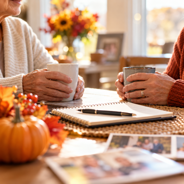 Two people holding mugs at a cozy autumn table with a pumpkin, notebook, and warm decor.
