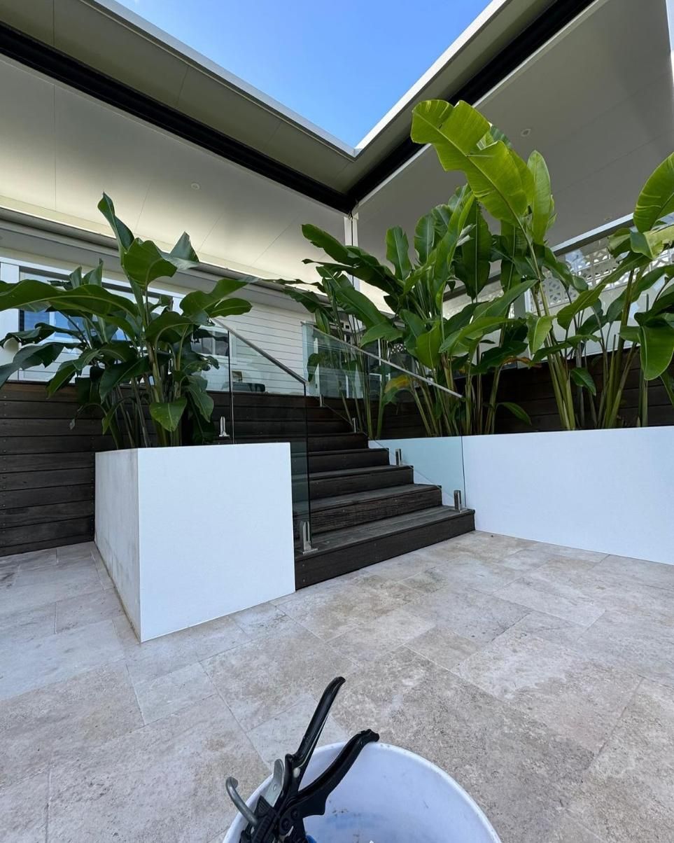 A White Bucket With a Pair of Scissors in It is in Front of a House With Stairs and Plants — Reflect Glass In Tuggerah, NSW