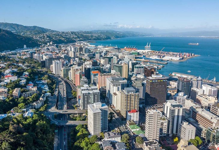Coastal city skyline with tall buildings