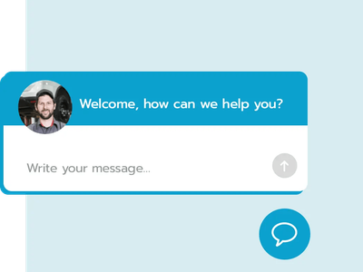 A blue speech bubble with a picture of a man and the words welcome how can we help you.