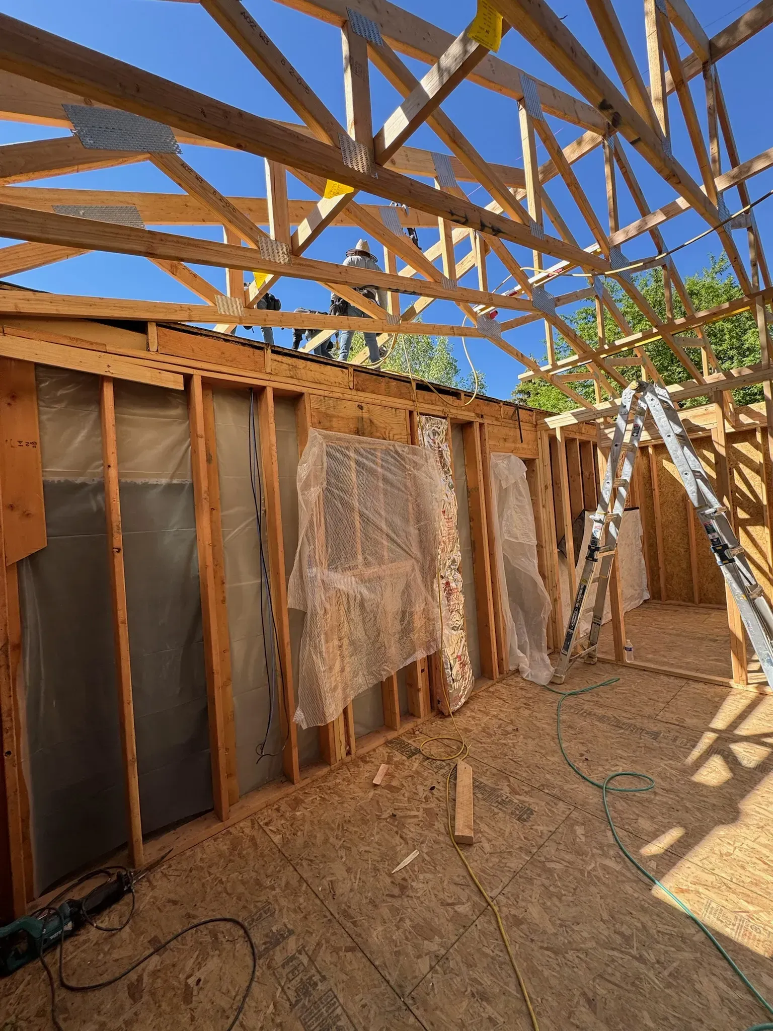 Unfinished room with exposed wooden roof trusses, plywood walls, and sunlight casting shadows on a dirt floor.