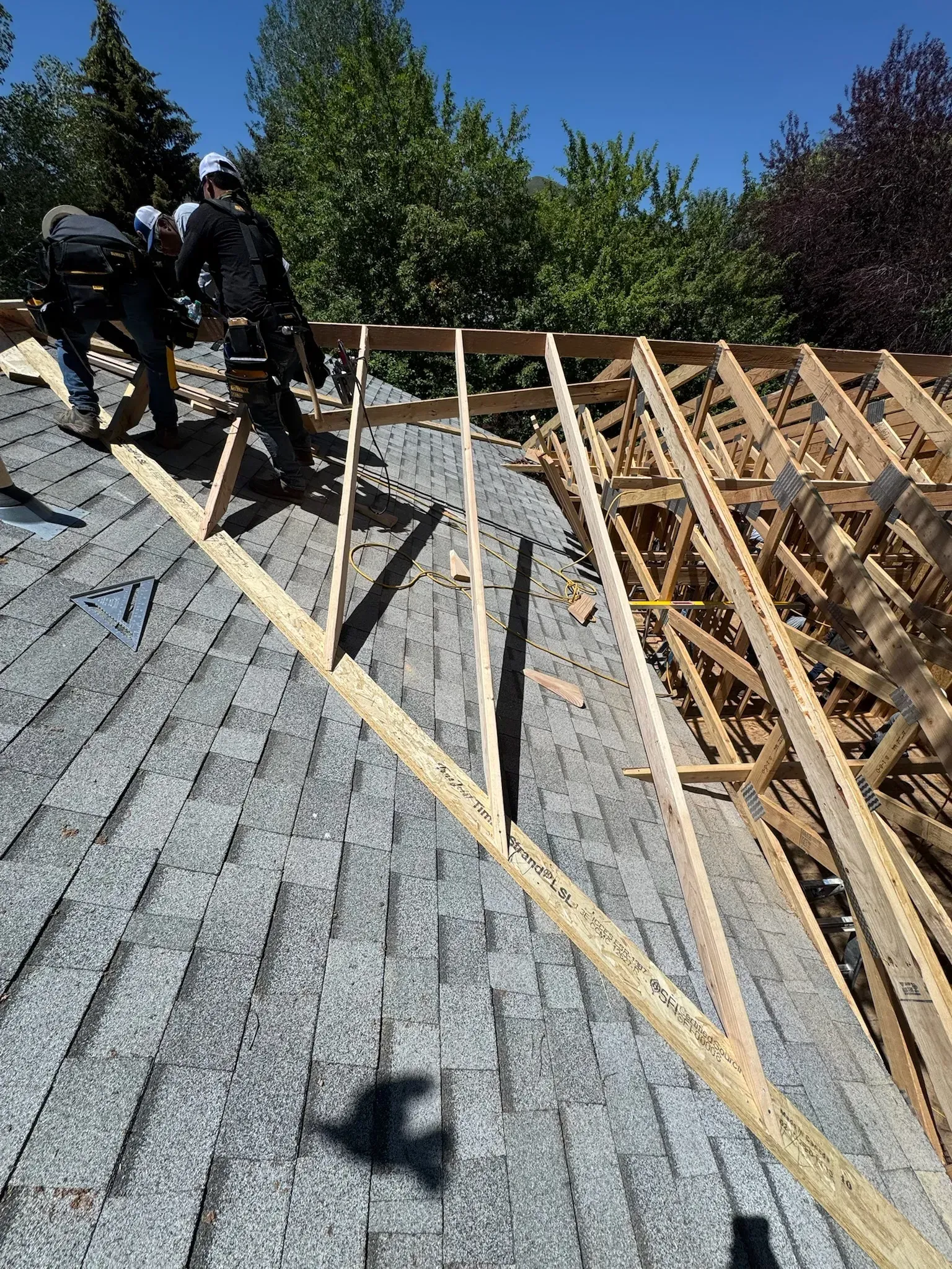Workers repairing a shingled roof with exposed wooden framing on a sunny day