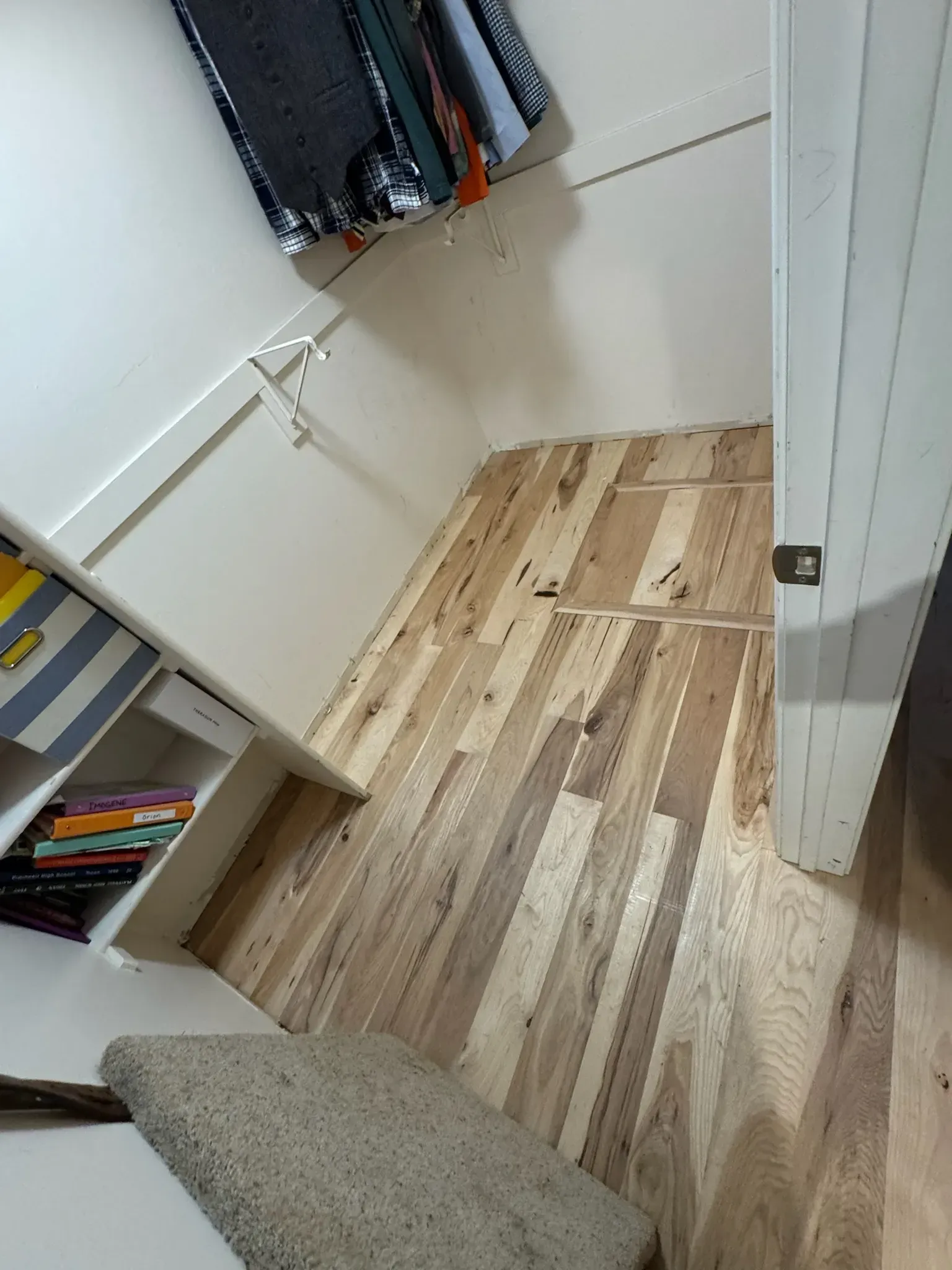 Small walk-in closet with light wood flooring, white walls, hanging clothes, and shelves holding folded items.