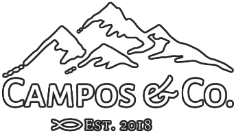 Black-and-white logo with mountains, fish icon, and text “CAMPOS & Co. EST. 2018”