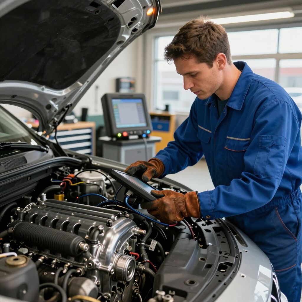 Mechanic in blue jumpsuit using a diagnostic tool on a car engine in a repair shop.