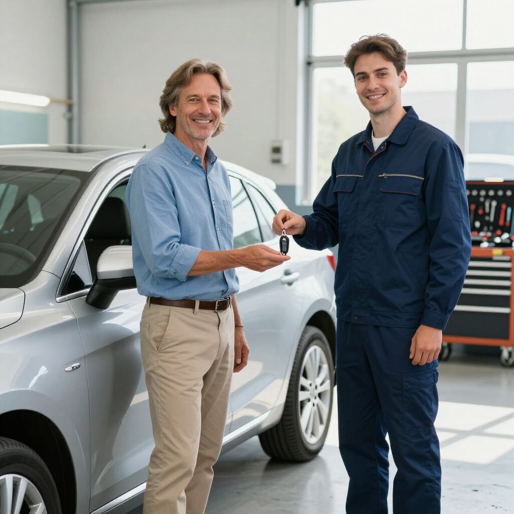 Mechanic handing car keys to a customer beside a silver car in a garage.