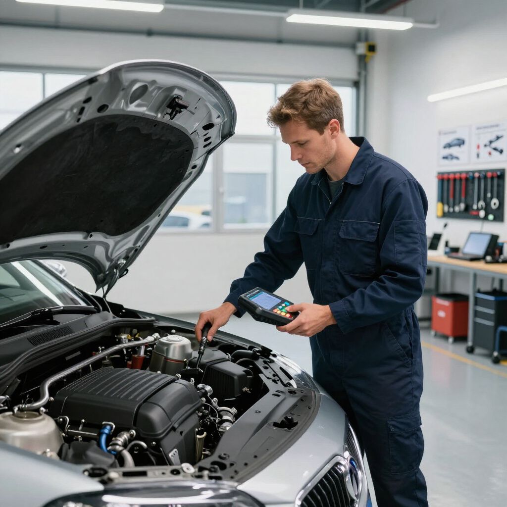 Mechanic in blue jumpsuit using diagnostic tool on car engine in a well-lit shop.