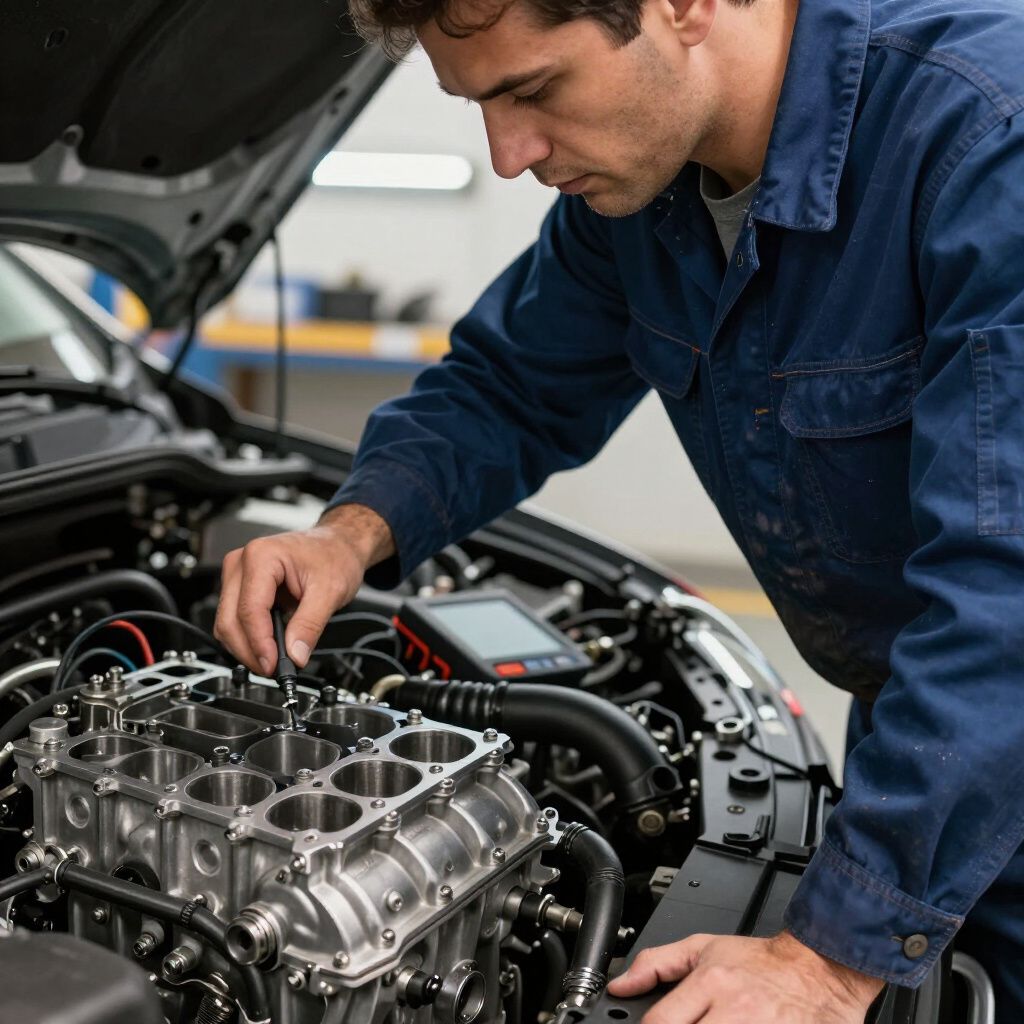 Mechanic in blue coveralls working on a car engine under the hood.