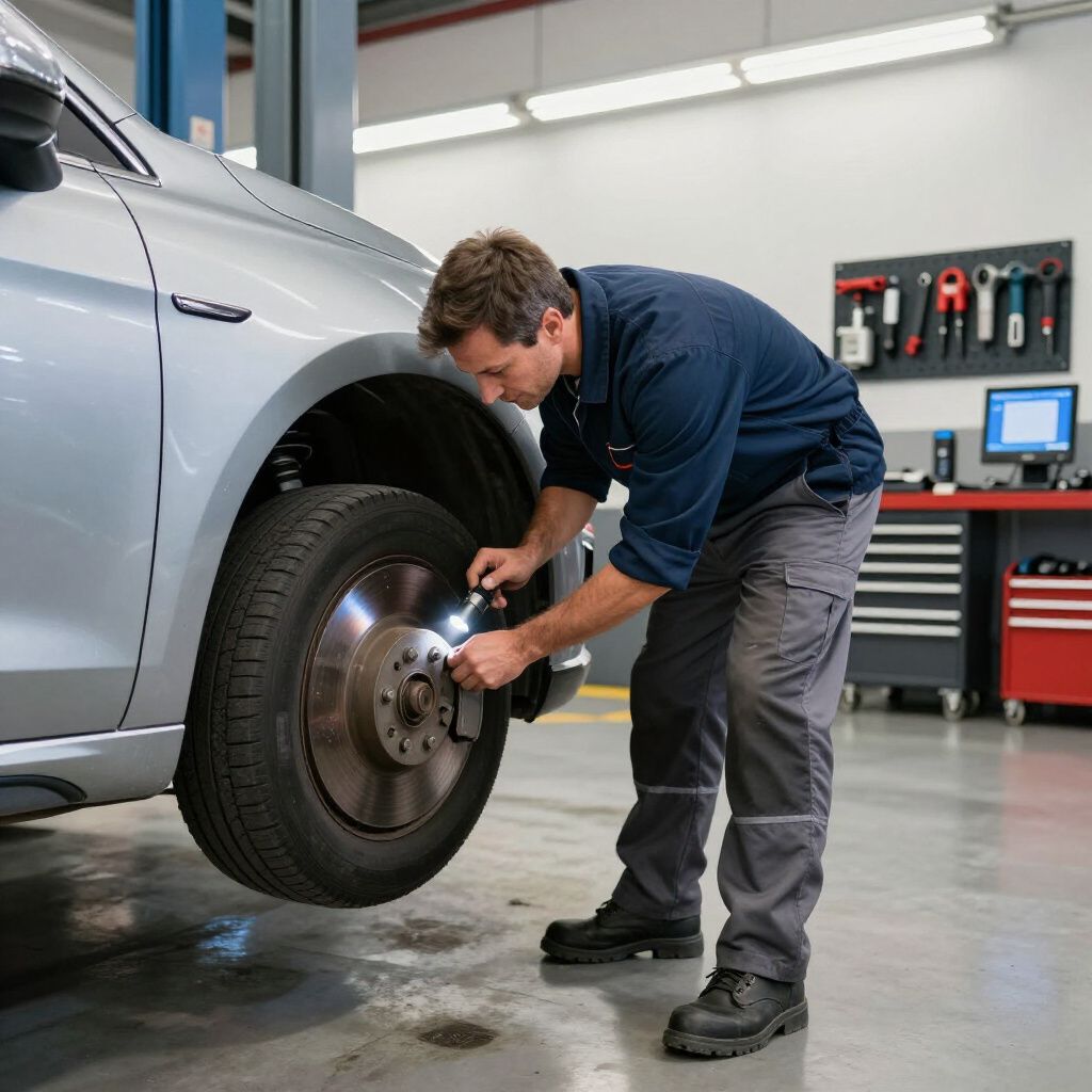 Mechanic inspecting car brakes in a garage. Wearing work clothes, holding a flashlight.