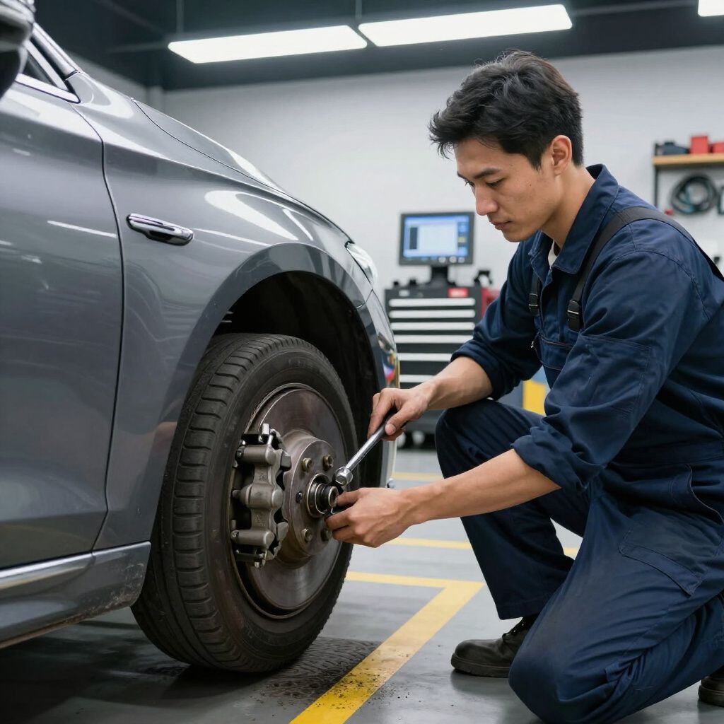 Mechanic in blue jumpsuit, kneeling and tightening lug nuts on a car tire in a garage.