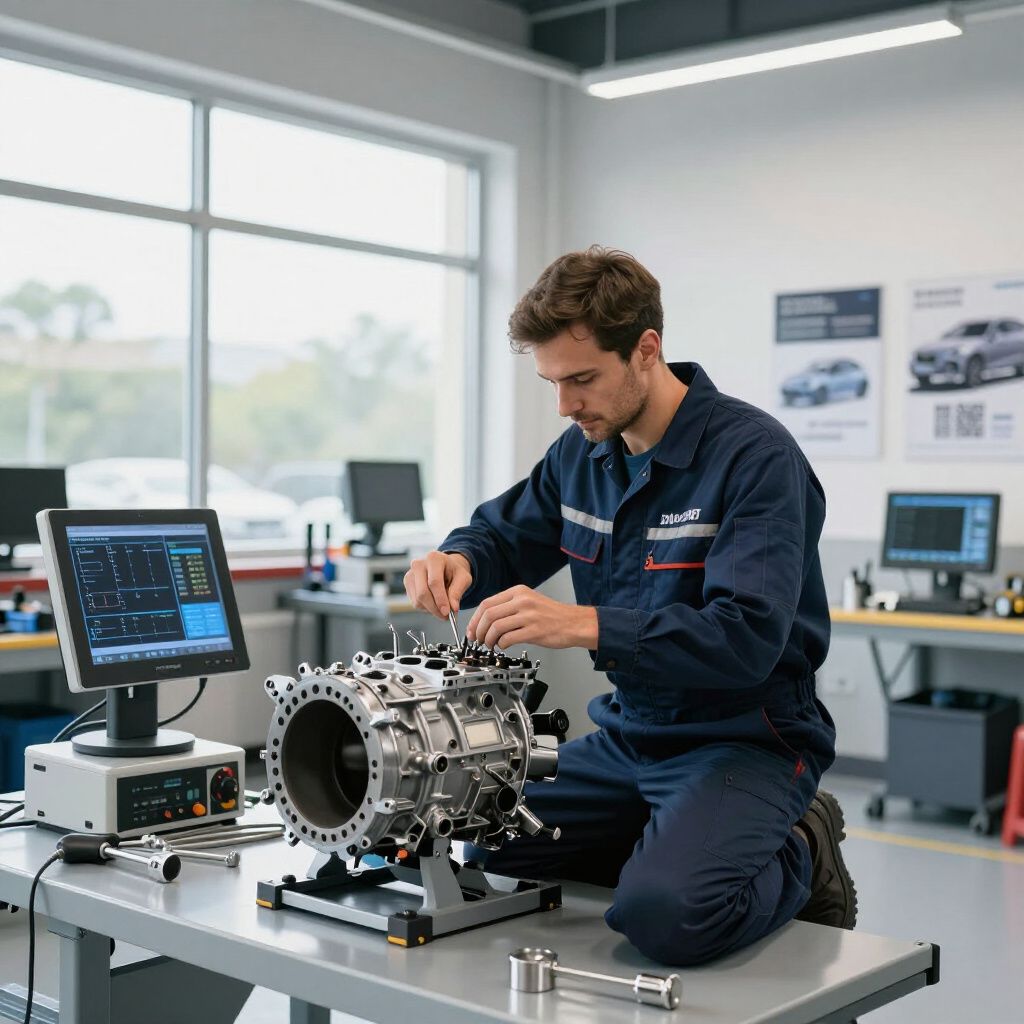 Man in blue work suit assembling engine on a workbench in a lab, near a computer.