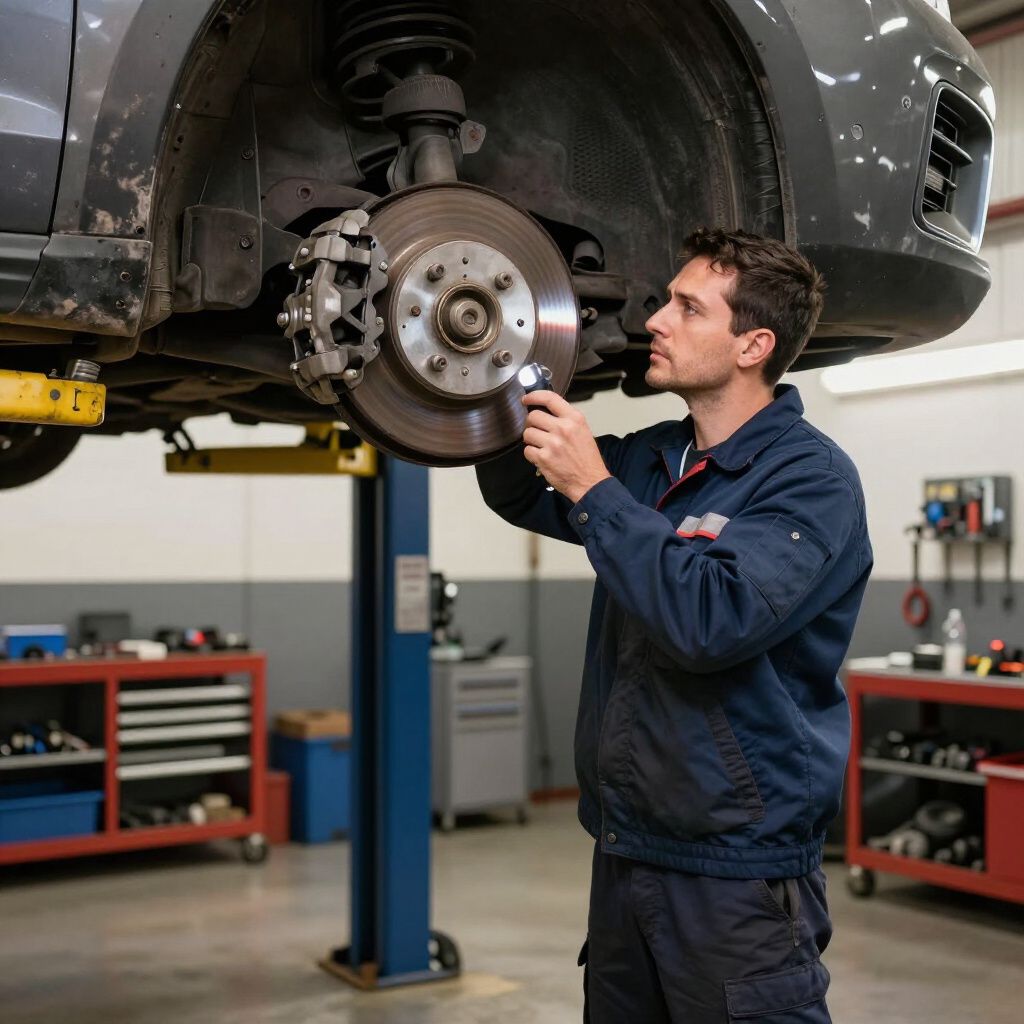 Mechanic inspecting car brakes with a flashlight in a garage.