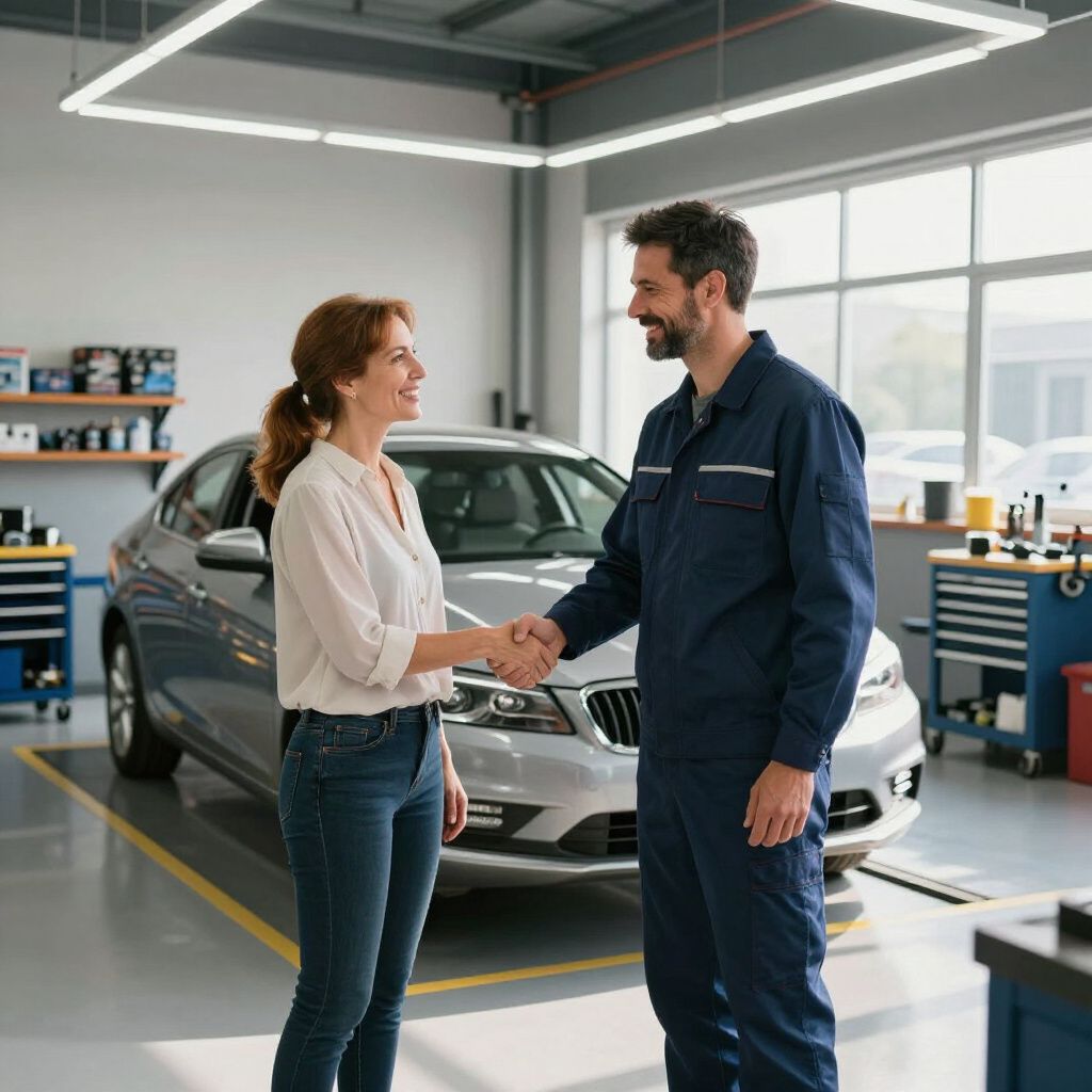 Woman and mechanic shaking hands in a car repair shop; silver car in background.