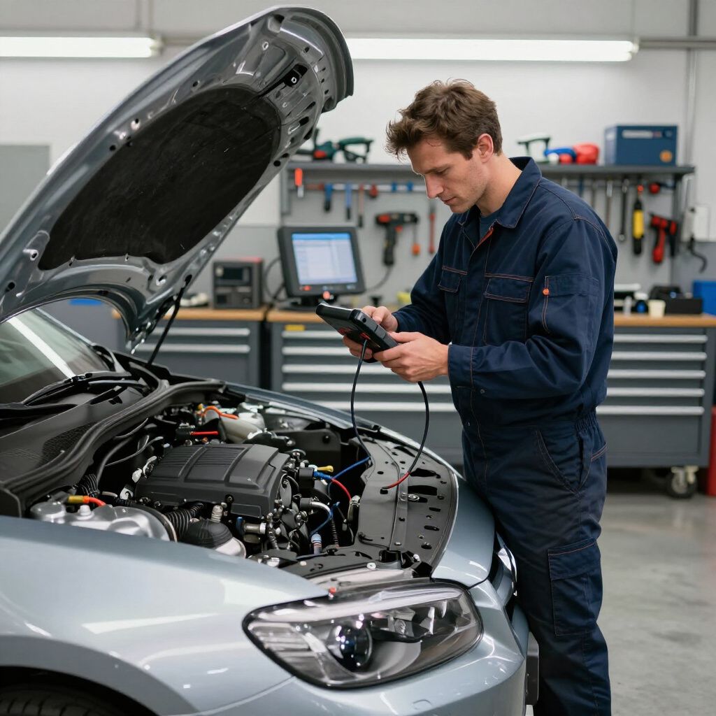Mechanic in blue jumpsuit using diagnostic tool on car engine in a repair shop.