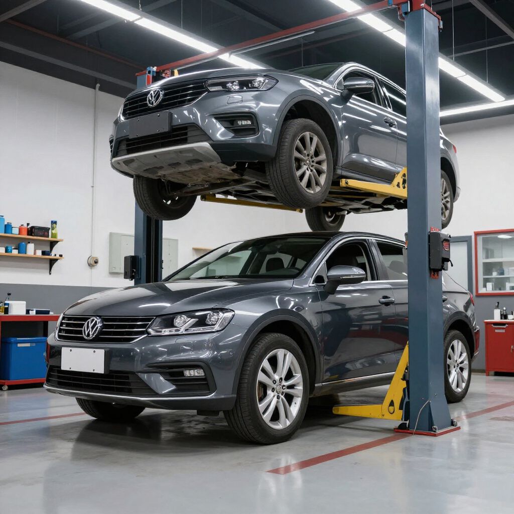 Two gray cars, one raised on a lift inside a car repair shop.