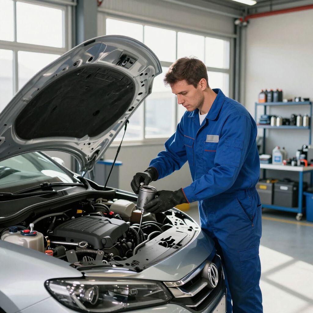 Mechanic in blue jumpsuit, inspecting engine with open hood, in a garage.