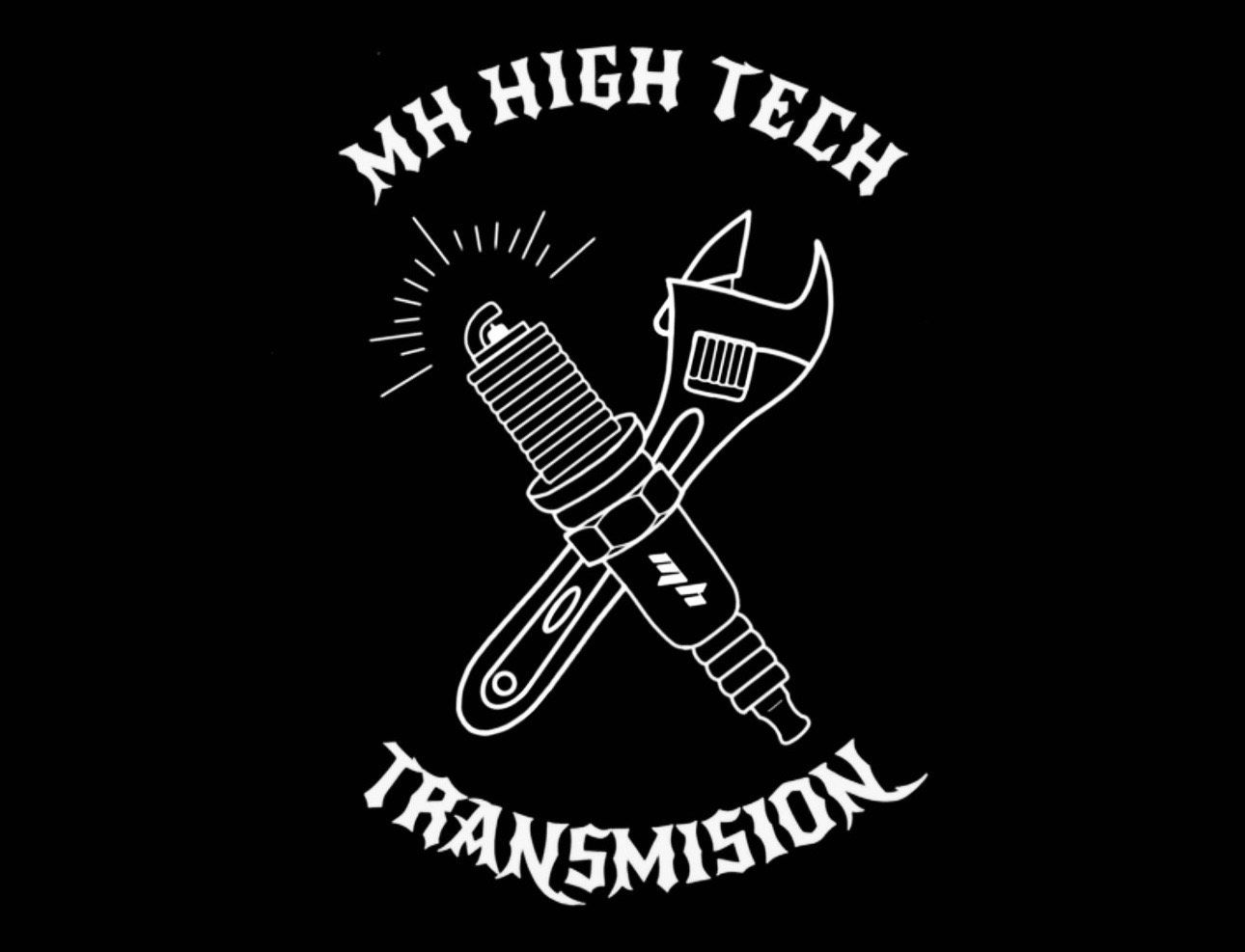 Black and white logo: spark plug and wrench crossed, 