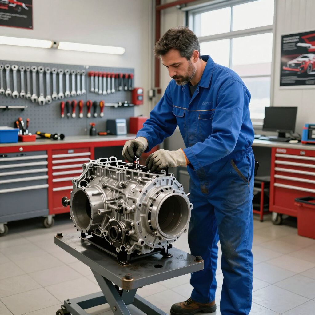 Mechanic in blue coveralls works on a large engine on a lift in a well-equipped workshop.
