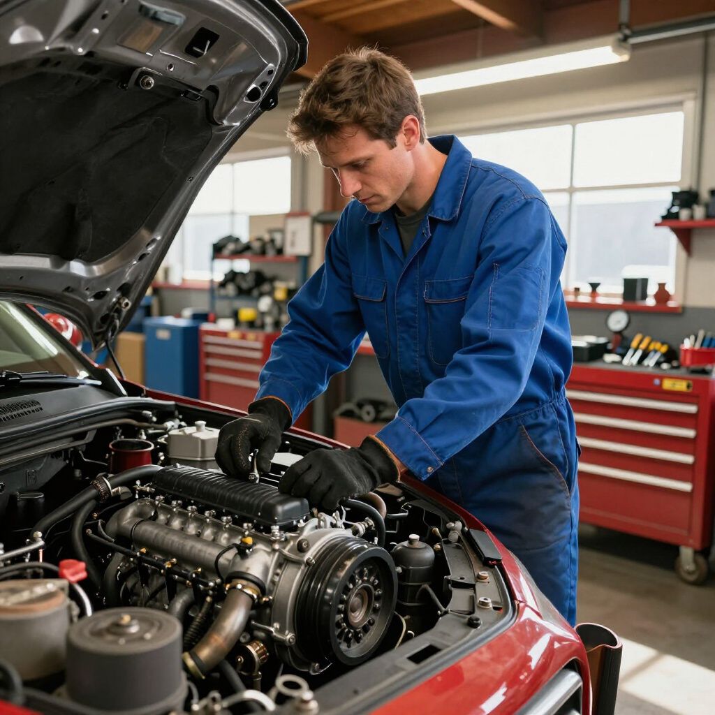 Mechanic in blue overalls working on a car engine in a well-lit garage.