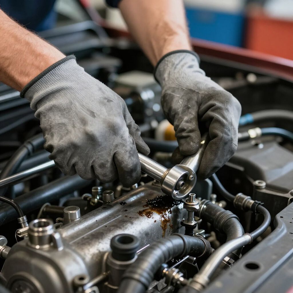 Mechanic with gloved hands using a wrench on a car engine in a garage.
