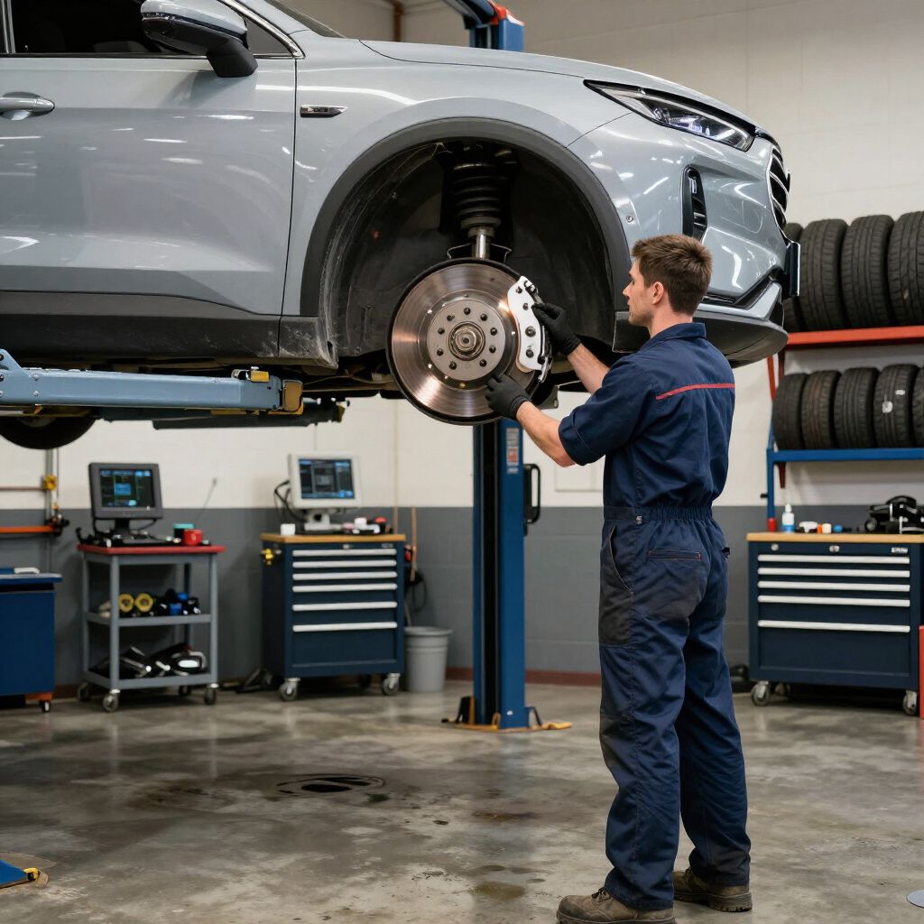 Mechanic working on a car's brakes at a shop, car on a lift.