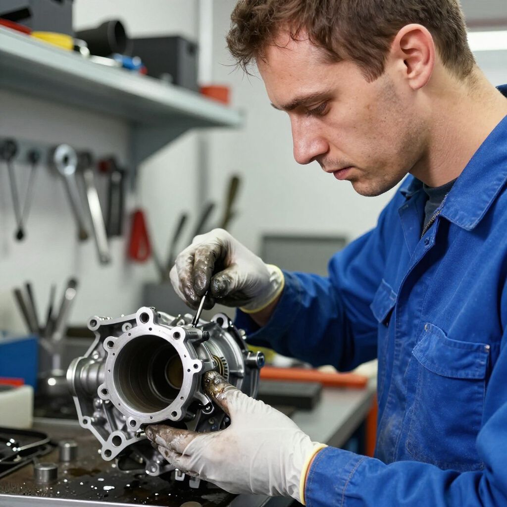 Mechanic in blue jumpsuit, wearing gloves, working on a metal engine part in a workshop.